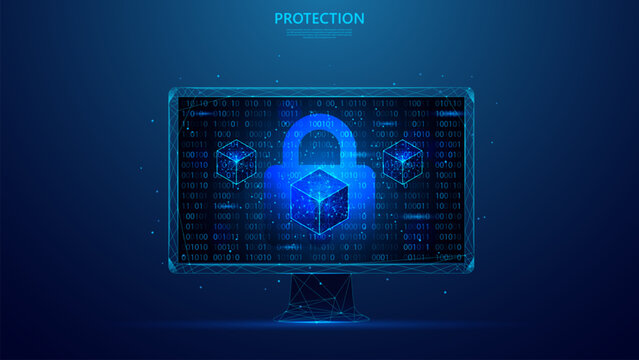 blockchain security technology and binary code on monitor screen. blue low poly style background.