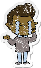 distressed sticker of a cartoon man crying