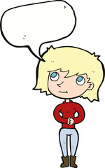 cartoon friendly woman with speech bubble