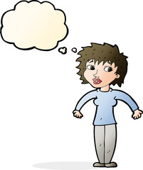 cartoon woman shrugging shoulders with thought bubble