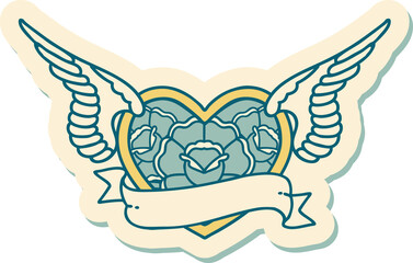 tattoo style sticker of a flying heart with flowers and banner
