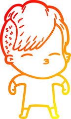 warm gradient line drawing cartoon squinting girl