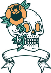 tattoo with banner of a skull and rose