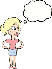 cartoon woman with hands on hips with thought bubble