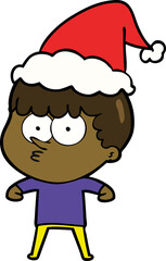 line drawing of a curious boy wearing santa hat