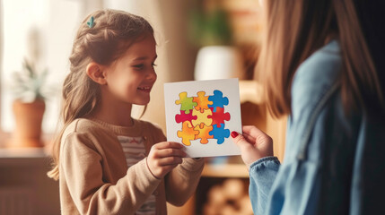 A cute little girl gives card with a picture of colored puzzles to a friend suffering from autism syndrome