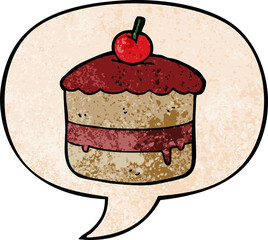cartoon cake and speech bubble in retro texture style