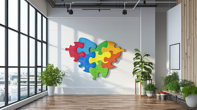A heart made of colorful puzzles on the wall of a clinic for people with autism and ADHD