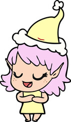 happy line drawing of a elf girl wearing santa hat