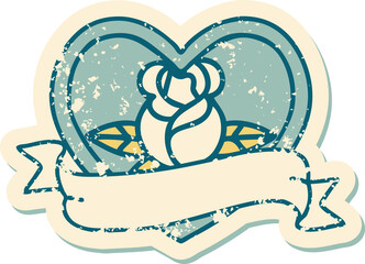 distressed sticker tattoo style icon of a heart rose and banner