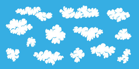 Cute fluffy cartoon white linocut textured clouds. Retro comic cloud elements for kids print design, patterns, stickers, apps and books decoration - obrazy, fototapety, plakaty
