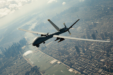 Naklejka premium During mission over city, combat drone is controlled by an automated system AI Generation