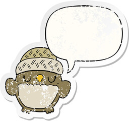 cute cartoon owl in hat and speech bubble distressed sticker