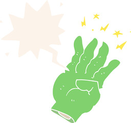 cartoon spooky magic hand and speech bubble in retro style