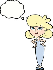 cartoon girl with hands on hips with thought bubble