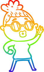 rainbow gradient line drawing cartoon waving woman wearing sunglasses