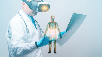 Doctors wearing VR headsets themselves in a surgical simulation, visualizing organs and honing...
