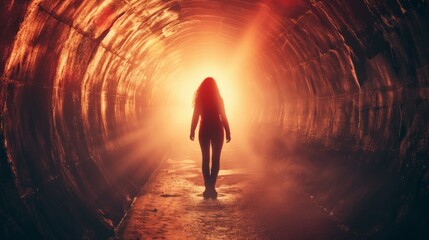 Empowered woman overcoming cancer, emerging from a dark tunnel into the light, a symbol of resilience and renewal generative ai