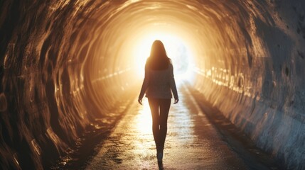 Empowered woman overcoming cancer, emerging from a dark tunnel into the light, a symbol of resilience and renewal generative ai - obrazy, fototapety, plakaty