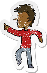 retro distressed sticker of a cartoon man pointing