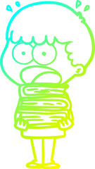 cold gradient line drawing cartoon shocked boy with stack of books