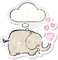cute cartoon elephant with love hearts and thought bubble as a distressed worn sticker