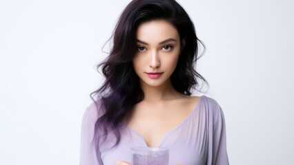 Fototapeta premium portrait on a white background A girl with purple hair of Asian appearance drinks a collagen drink. skin care, moisturizing. Supplements.