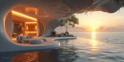 Terrace over the sea, Unfurnished, Futuristic, generative ai