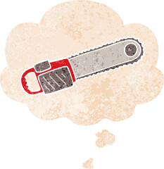 cartoon chainsaw and thought bubble in retro textured style