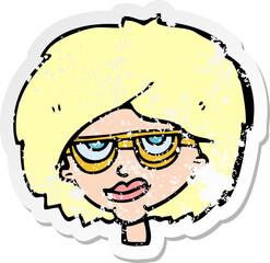 retro distressed sticker of a cartoon woman wearing spectacles
