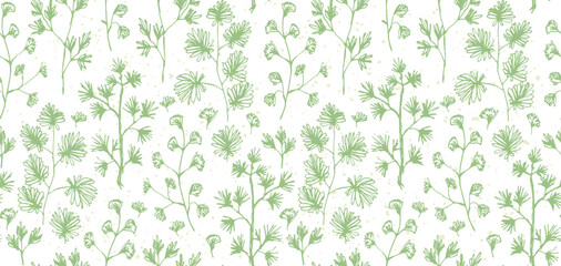 Delicate pastel green seamless pattern with hand drawn botanical elements. Sketch ink herbs and branches with leaves texture for textile, wrapping paper, cover, surface, design - obrazy, fototapety, plakaty
