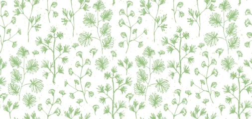 Fototapeten Delicate pastel green seamless pattern with hand drawn botanical elements. Sketch ink herbs and branches with leaves texture for textile, wrapping paper, cover, surface, design © Tatahnka