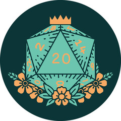 natural 20 D20 dice roll with floral elements icon