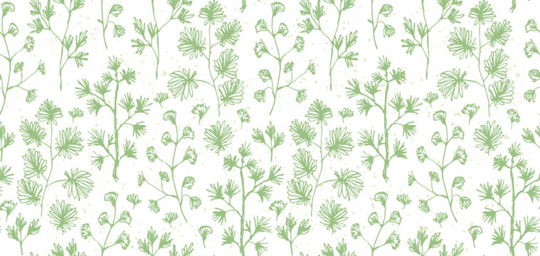 Delicate pastel green seamless pattern with hand drawn botanical elements. Sketch ink herbs and branches with leaves texture for textile, wrapping paper, cover, surface, design