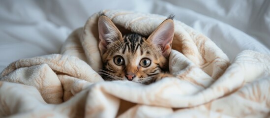 Bengal kitten cozy under blanket on bed, viewed from above at home.