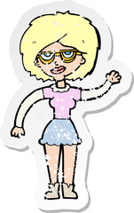 retro distressed sticker of a cartoon waving woman wearing spectacles