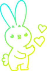 cold gradient line drawing cute cartoon rabbit with love hearts