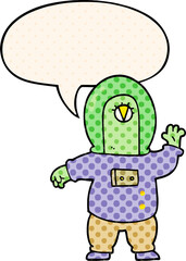 cartoon space alien and speech bubble in comic book style