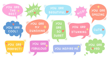 Speech bubbles with compliments. Set with positive cartoon chatting boxes with hand written phrases and doodle elements. Self love, motivation or world compliment day theme. Vector illustration. - obrazy, fototapety, plakaty