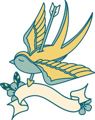 tattoo with banner of a swallow pieced by arrow