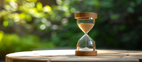 Wooden table displays signpost for progress or regress with sandglass time report.