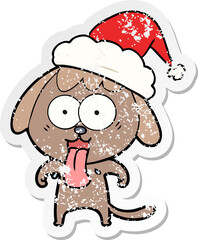 cute distressed sticker cartoon of a dog wearing santa hat