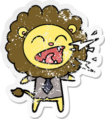 distressed sticker of a cartoon roaring lion businessman