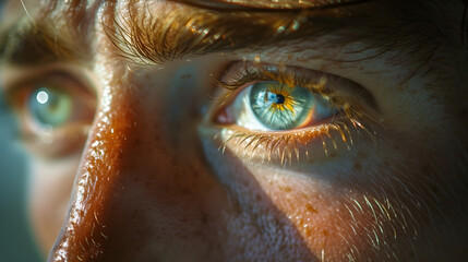 This image captures a detailed close-up of a persons eye, with the sunlight casting reflections and...