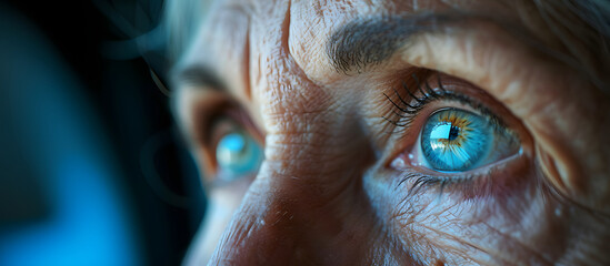 Intricate details of a senior individuals vivid blue eyes, surrounded by weathered skin and fine lines, reflecting a lifetime of experiences