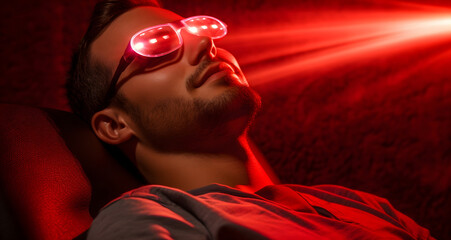 Handsome Young man lying on therapy couch with eyes protected by glasses enjoying a red light therapy healing session with copy space
 - obrazy, fototapety, plakaty