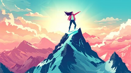illustration of a woman who defeats cancer, on the top of a mountain generative ai