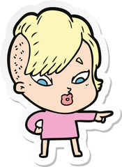 sticker of a cartoon surprised girl pointing