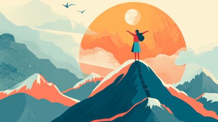illustration of a woman who defeats cancer, on the top of a mountain generative ai
