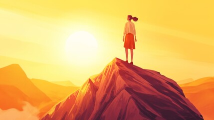 illustration of a woman who defeats cancer, on the top of a mountain generative ai - obrazy, fototapety, plakaty